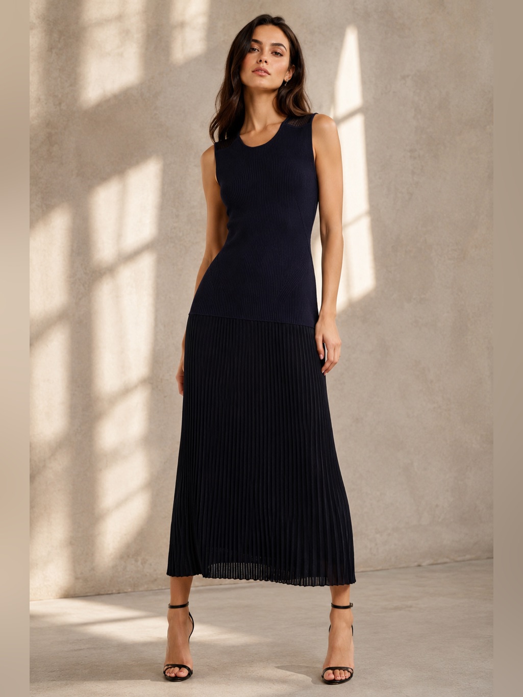 Derek Lam 10 Crosby Lecco Rib Knit Pleated Midi Dress Nwt Medium Navy Designer